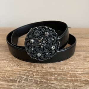 Fossil Medallion Round Rhinestone Buckle Belt Black Leather Medium